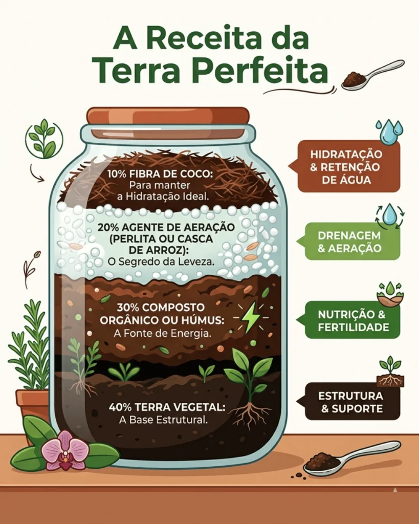 Infográfico com a receita da melhor terra para horta em vaso, mostrando a proporção ideal de cada componente