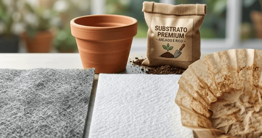 Comparativo entre manta de drenagem para vasos profissional, feltro e filtro de café.