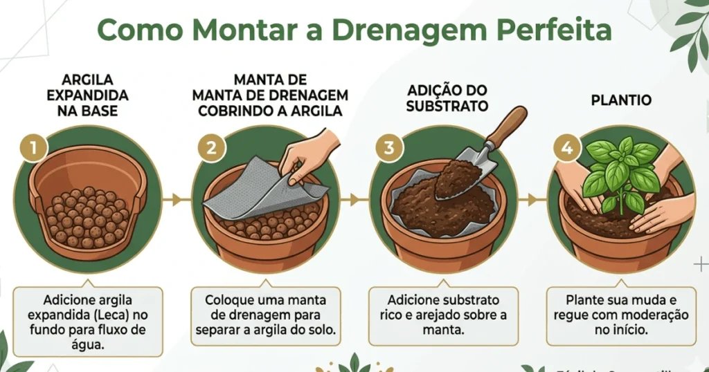 Infográfico passo a passo mostrando como instalar a manta de drenagem para vasos corretamente.