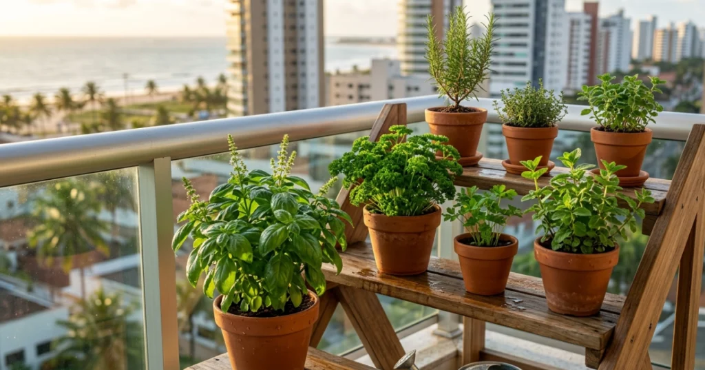 melhor prateleira para plantas: Prateleira de madeira em estilo escada com vasos de ervas aromáticas em uma varanda urbana.