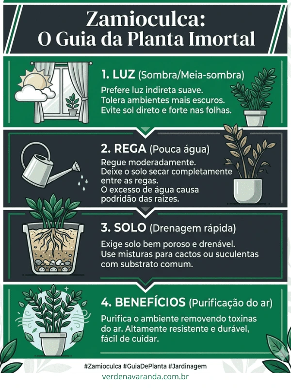 Infográfico educativo com o guia definitivo de como cuidar da zamioculca em apartamentos. 