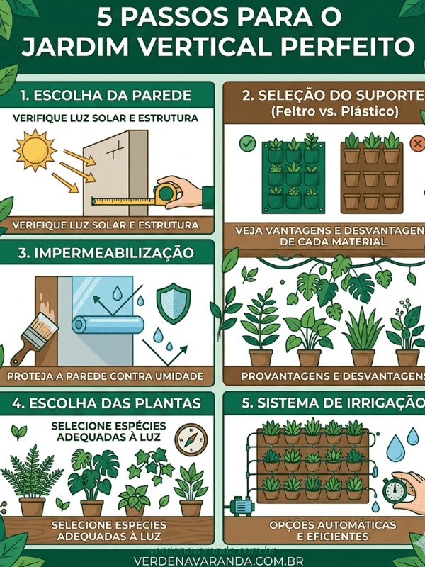 Infográfico passo a passo de como montar um jardim vertical apartamento pequeno com sucesso.