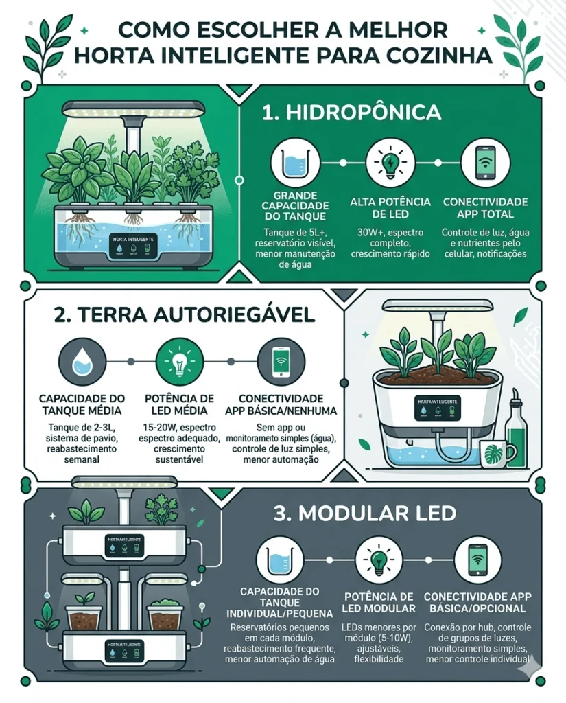 Infográfico comparativo para ajudar a escolher a melhor horta inteligente para cozinha em 2026.