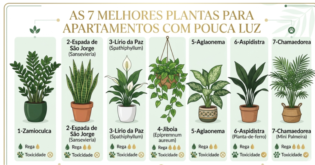 Infográfico da 7 melhores plantas para apartamento com pouca luz. 