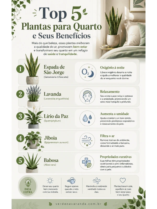 Infográfico mostrando os benefícios das principais plantas para quarto para a saúde e o sono.
