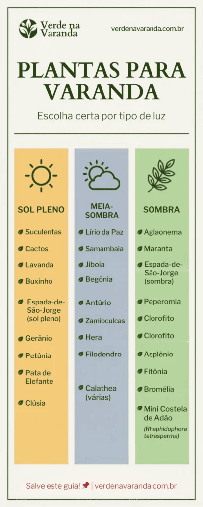 Infográfico com as 15 melhores plantas para varanda divididas por tipo de luz solar: sol pleno, meia-sombra e sombra