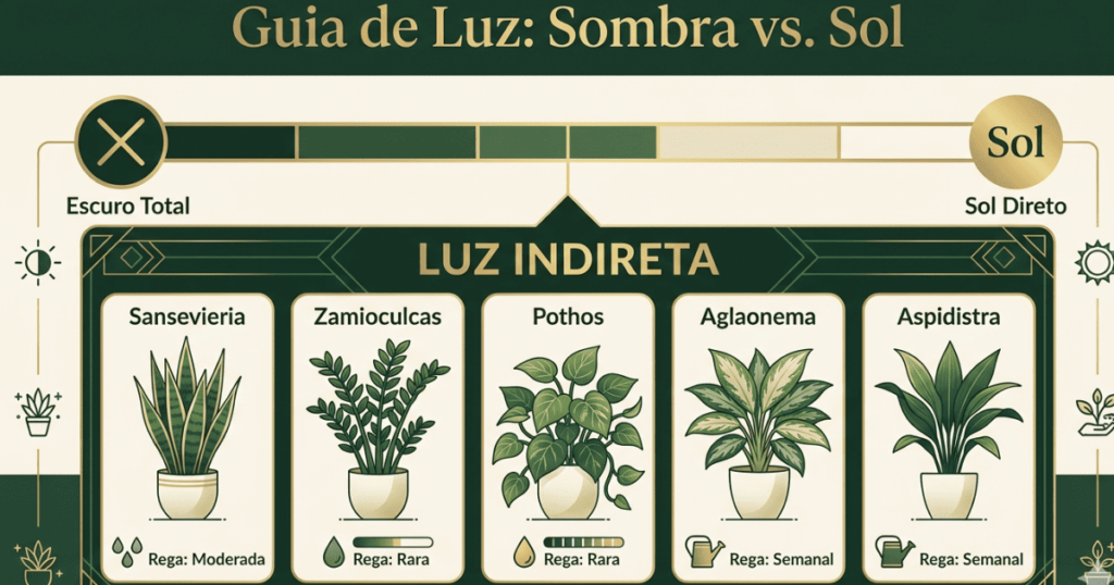 Infográfico educativo ensinando a diferenciar os níveis de luz para plantas que não precisam de sol.
