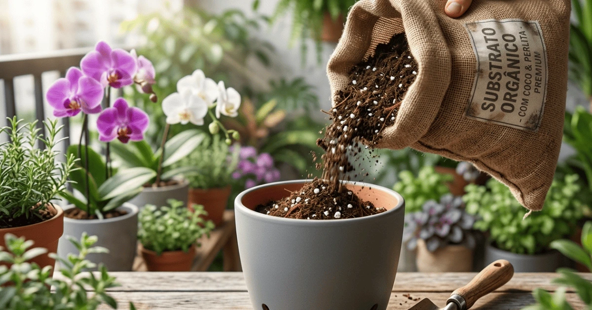 Close-up da melhor terra para horta em vaso sendo preparada para o plantio em um apartamento.