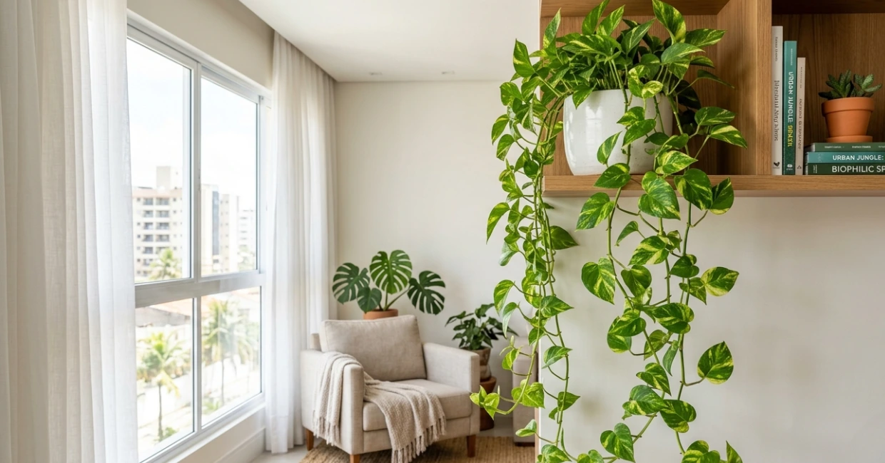 como cuidar de jiboia no vaso: Planta Jiboia pendente em vaso branco sobre estante