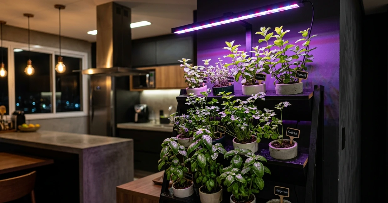 Detalhe de folha de plantas recebendo luz de lâmpada para crescimento de plantas funciona