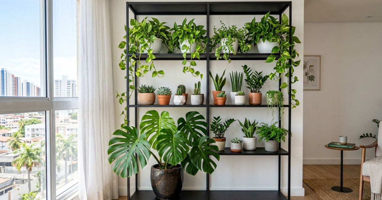 melhor prateleira para plantas organizada com diversas plantas em apartamento iluminado.