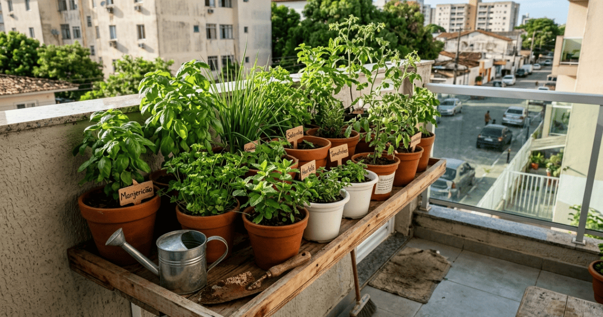 Horta em apartamento com vasos de manjericão, hortelã, cebolinha e tomate-cereja em prateleira de madeira na varanda