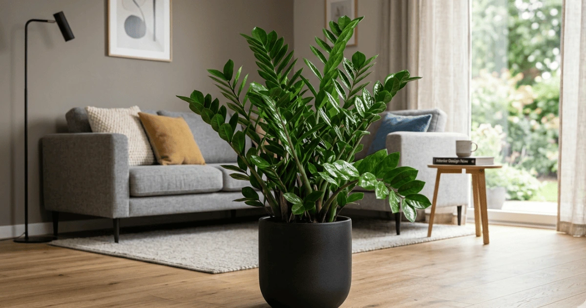 Uma planta zamioculca exuberante em um vaso preto decorando uma sala de estar moderna.