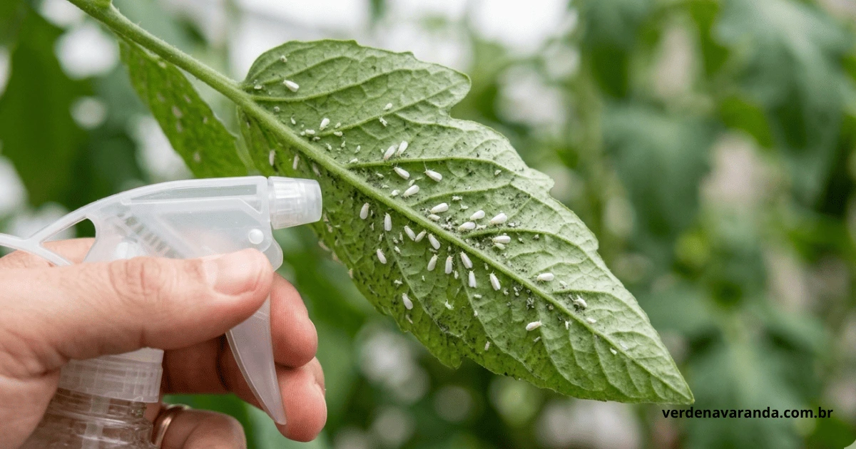 Detalhe de como acabar com mosca branca nas plantas usando um spray natural em uma horta urbana.