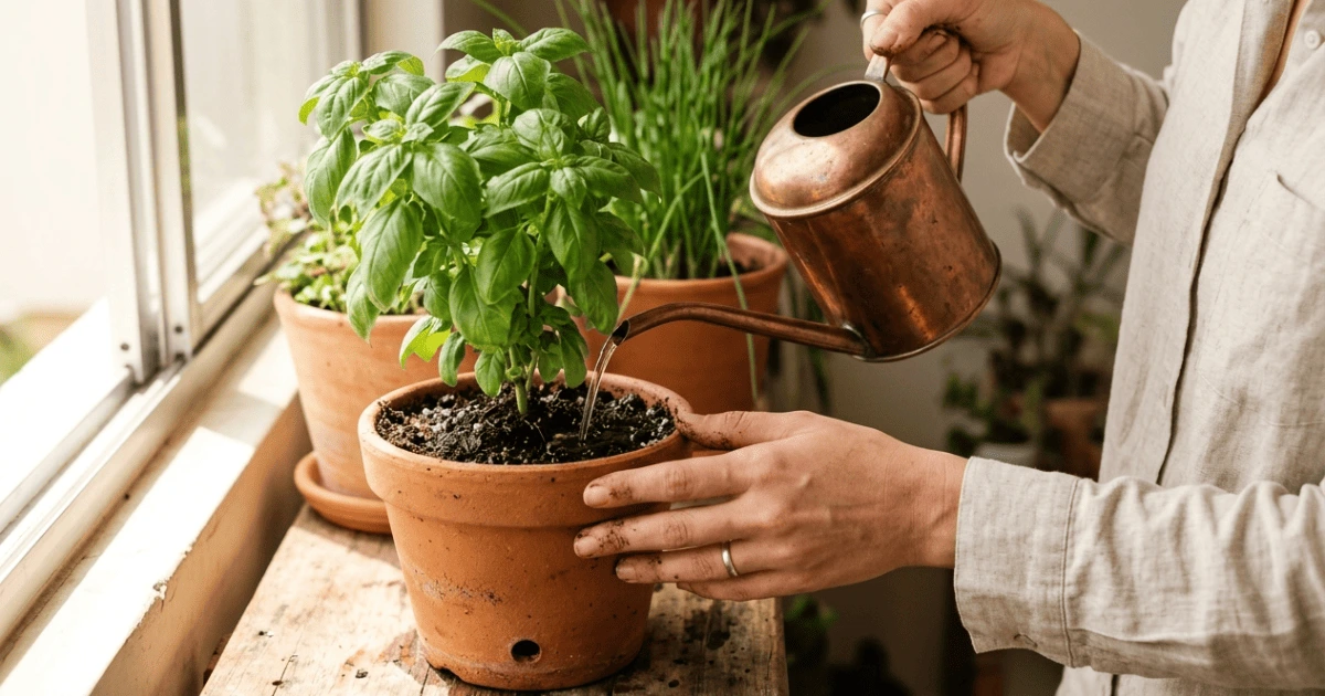 Mãos regando plantas em vaso de terracota com regador de bico fino na base da planta — técnica correta de como regar plantas em vaso