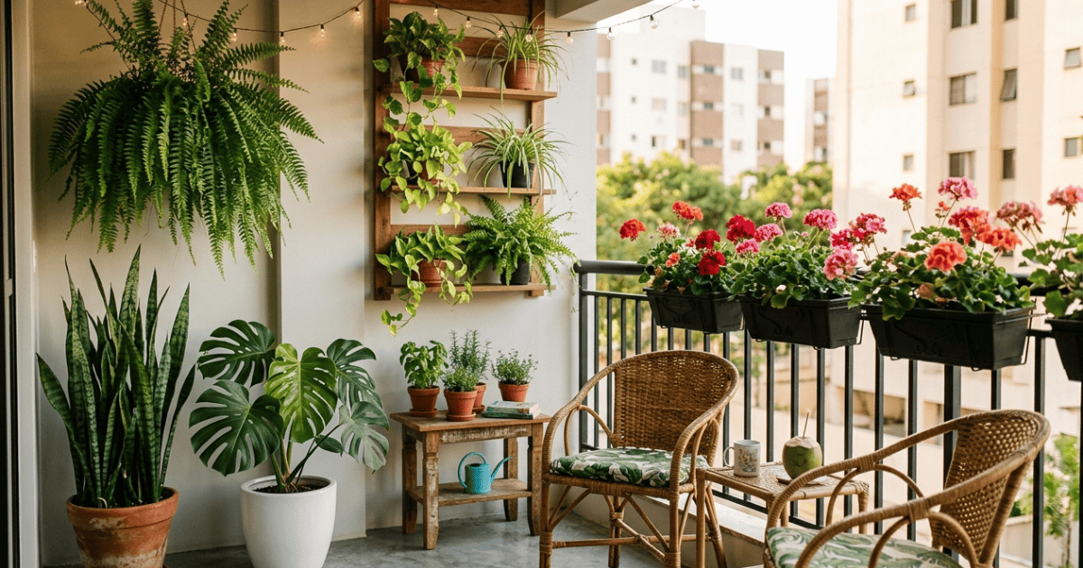 Decoração de varanda com plantas em apartamento — samambaia pendente, espada-de-são-jorge, monstera e gerânios em jardineira de ferro, urban jungle urbano