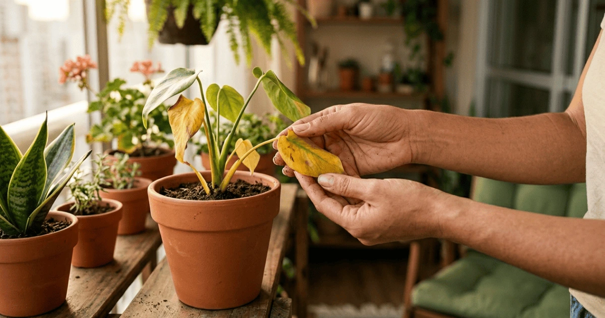Mãos examinando folhas amarelando em planta de vaso em varanda de apartamento