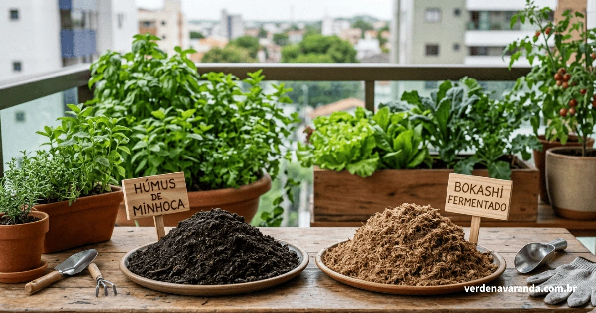 Comparativo visual entre húmus de minhoca e bokashi para adubação de hortas urbanas.