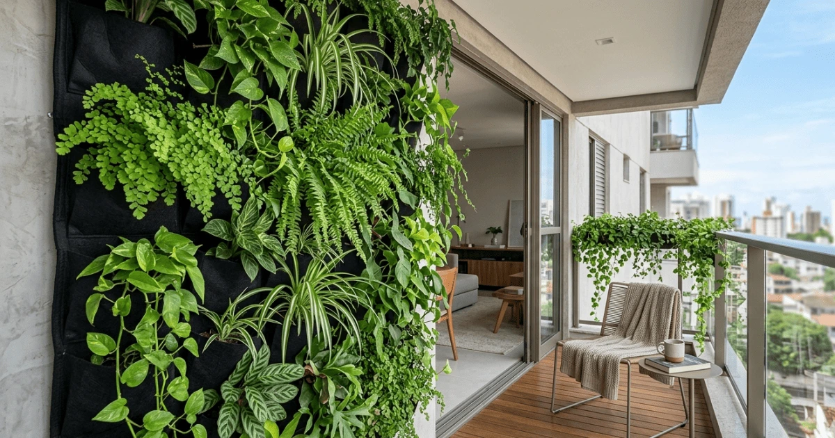 Um jardim vertical apartamento pequeno instalado em uma varanda moderna com plantas exuberantes.