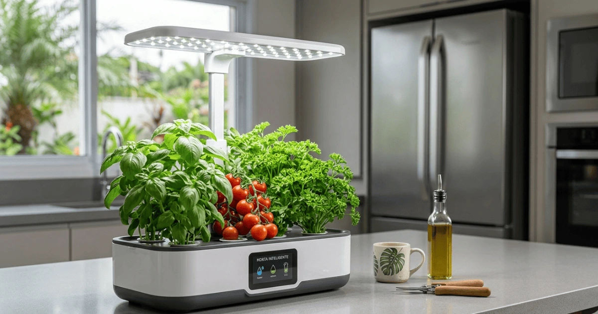 Melhor horta inteligente para cozinha com luzes LED e temperos frescos sobre uma bancada moderna.