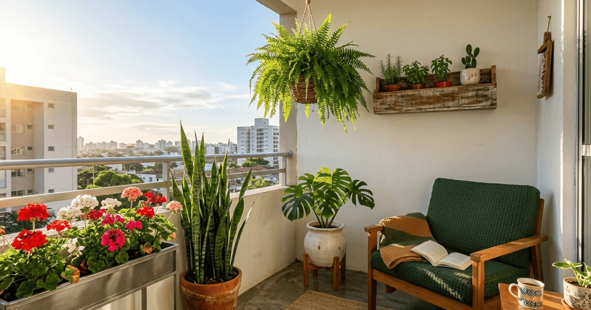 Varanda de apartamento com plantas para varanda em vasos de cerâmica, samambaia pendente, espada-de-são-jorge e gerânios em jardineira de ferro preto