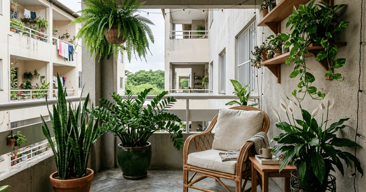 Varanda sem sol decorada com plantas para varanda sem sol — zamioculca, samambaia pendente, lírio-da-paz e jiboia em ambiente com luz indireta