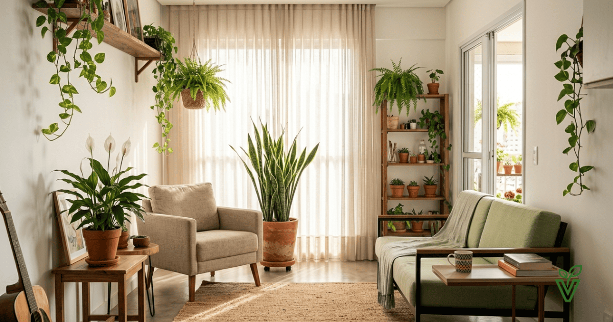 Sala de apartamento com plantas que purificam o ar — espada-de-são-jorge, lírio-da-paz, jiboia e samambaia em vaso junto à janela com luz natural