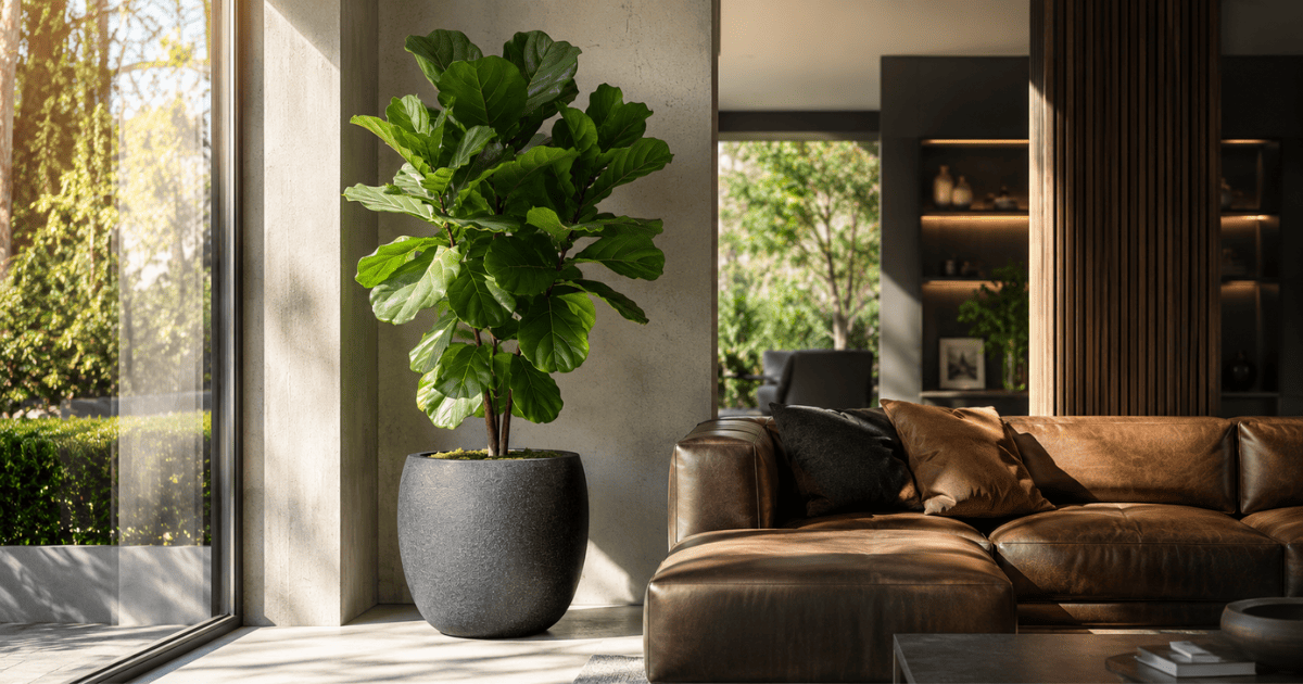 Vaso de polietileno para sala em tom cinza grafite decorando um ambiente moderno e luxuoso: Vaso de plastico para plantas