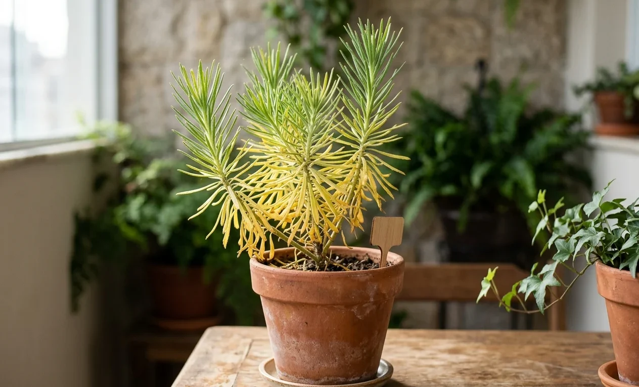 Vaso com Planta Alfinete Amarelando. Descubra a Causa e Como Salvar
